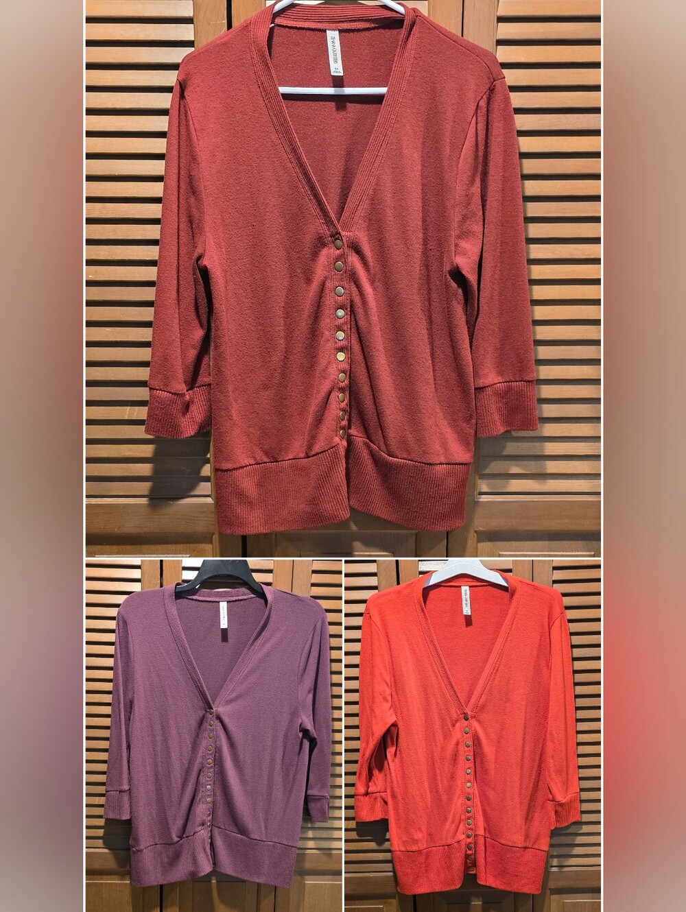 (3) Fall Color Zenana Snap 3/4 Sleeve Sweater Cardigans - Rust / Plum / Pumpkin